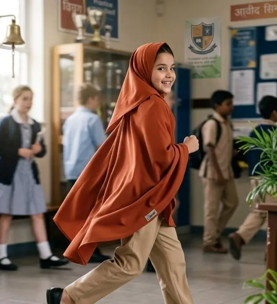 Student in a modest school uniform with long tunic, trousers and headscarf