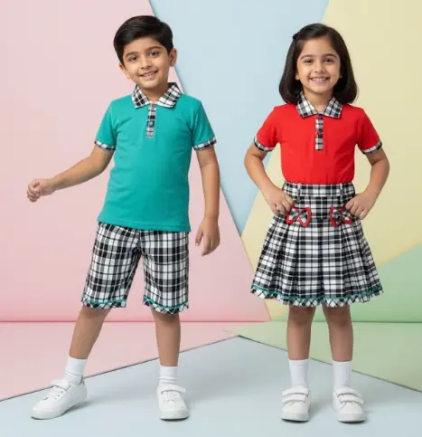 Polo T-shirt, checked half pant, checked skirt