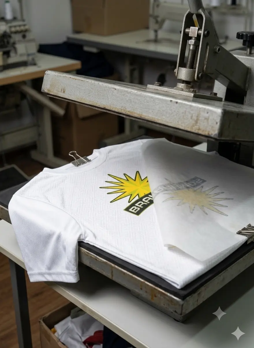 Emblem being heat printed on a T-shirt